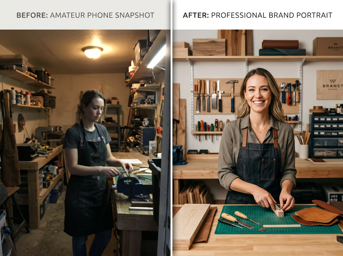 Before and after comparison of a dull phone photo transformed into a professional business image